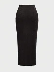 魅力四射的Floreya法式高腰扭褶交叉设计腰部开衩修身中长铅笔裙，优雅迷人 - 黑色 - 查看 3