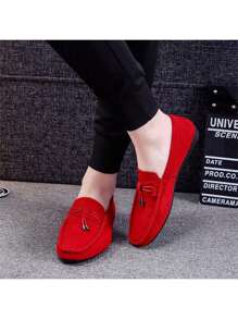 男士透气一脚蹬休闲皮革乐福鞋，轻便复古英伦风格莫卡辛鞋，夏季 - 紅色 - 查看 5