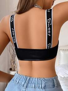 Women's Black Minimalist Letter Print Unpadded Front Closure Comfy Lingerie Bra