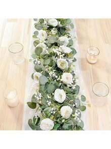 3pcs Artificial Eucalyptus Wreath With Roses And Peonies, 70-Inch Plastic Floral Decor For Wedding, Party, Indoor And Outdoor Wall Decoration, No Power Needed, Featherless, Multipurpose, Suitable For Christmas, Halloween, Thanksgiving, Valentine's Day, Outdoor Decor Gifts Birthday Graduation