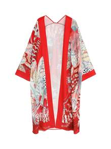 Boho Kimono Women's Plus Long Sleeve Open Front Loose Beach Kimono Cover Up