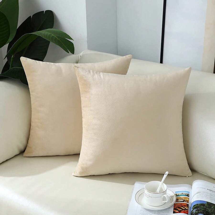 1pc Velvet Decorative Sofa Pillowcase Soft Square Cushion Cover, Fits Sofa, Bed, Car, 18x18 Inches, Beige, Pillow Core Not Included