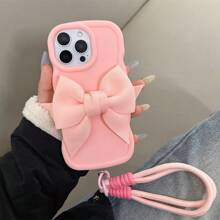 Bow-Knot A Sweet Pink IPhone Case With Big Bowknot & Handy Wrist Strap ,Diy Phone Case Compatible With SAMSUNG IPhone16/7/8/11/12/13/14/15/X/XR/Xs/Plus/Pro/Pro Max/SE2