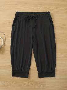 Plus Size Women Solid Color Drawstring Waist Pants