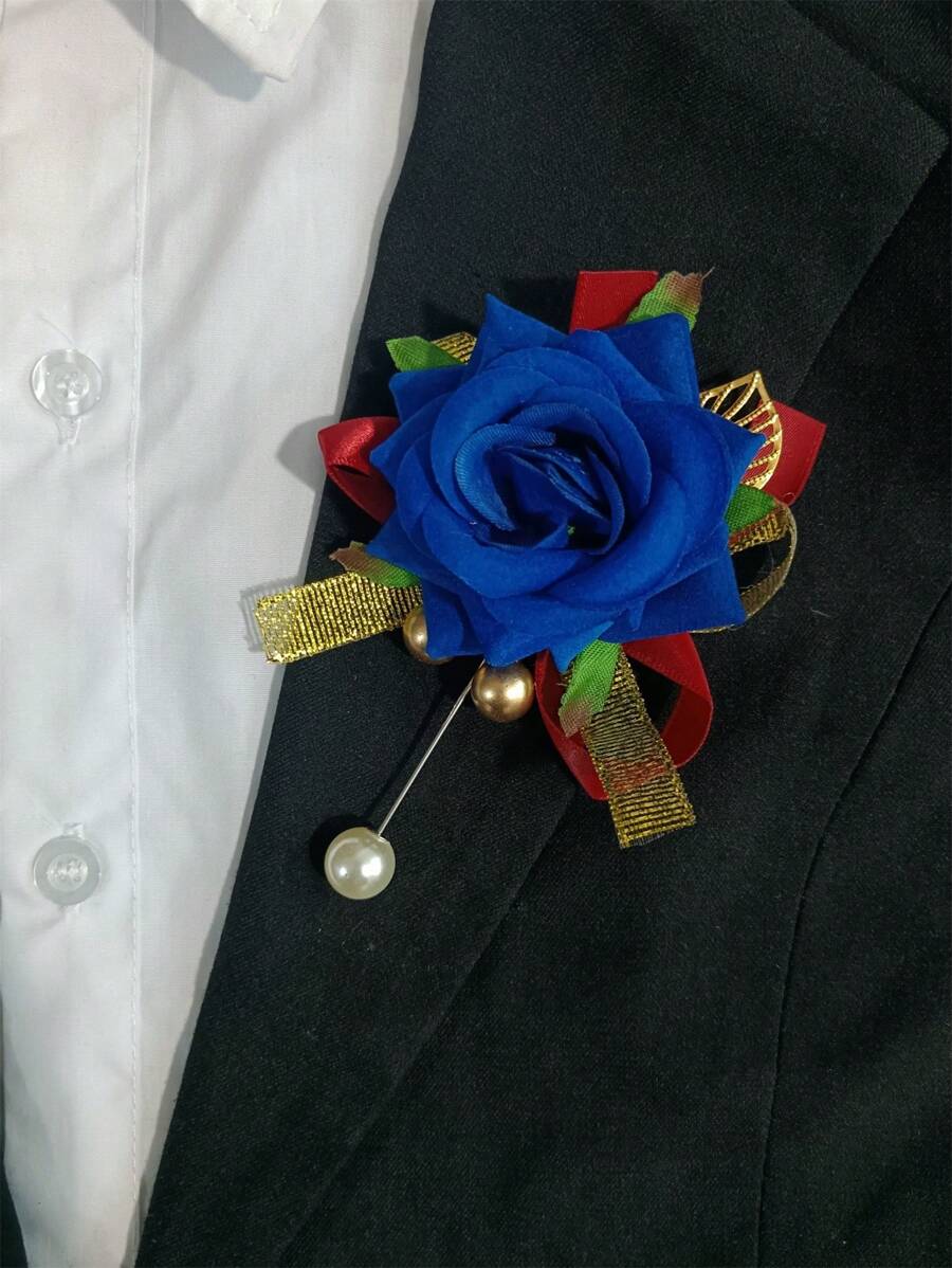 天鹅绒玫瑰花胸针，逼真的翻领花，适合活动、会议、婚礼、招待会 - 彩色 - 查看 1