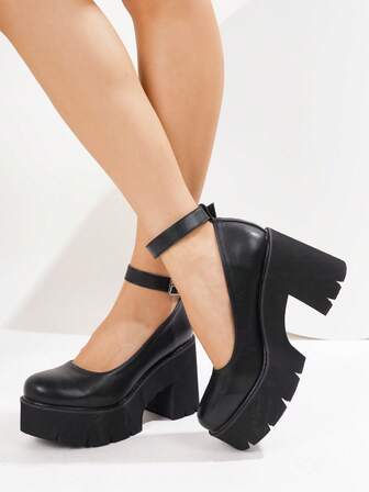 Svarta damsandaler med rund tå och platåkil, casual semester, tjock sula, Mary Janes