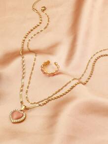 3 Pieces Fashionable Delicate Stainless Steel 18k Gold Plated High Quality Heart Diamonds Faux Pearls Pink Diamonds Necklace Set Summer Beach Jewellery Suitable For Women's Daily Wear Dating Engagement Wedding Holiday Gift Necklace Friendship Jewellery - 3 Heart Diamond Necklaces - View 8