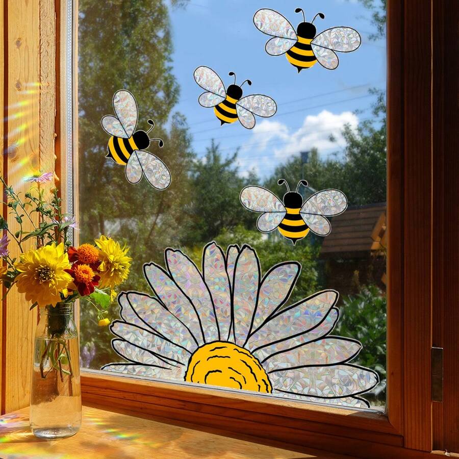 1pc Colorful Bee & Sunflower Window Sticker, Rainbow Glass Window Decor Wall Decal, Home Decoration, Self-Adhesive Static Cling Mural - Multicolor - View 1