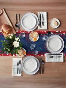 Patriotic 4th Of July Table Runner - Stars & Fireworks Design, Linen Blend, Perfect For Independence Day & Memorial Day Decor, Available In Multiple Sizes