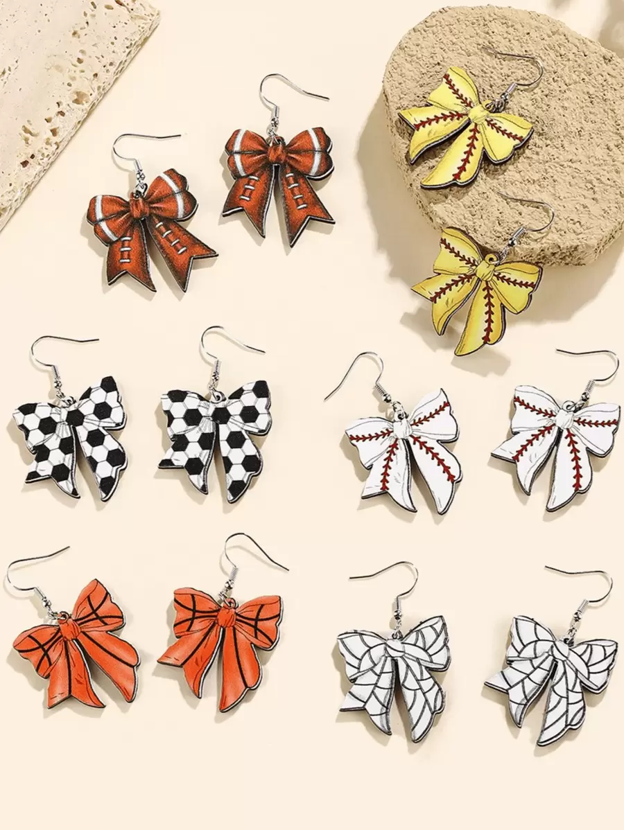 1 Pair Wooden Creative Sports Theme Football Olive Ball Bowknot Earrings, Suitable For Women Everyday And Festivals - Multicolor - View 1