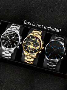 3 件/套男士时尚手表套装：不锈钢表带、圆形表壳、商务石英表、礼品