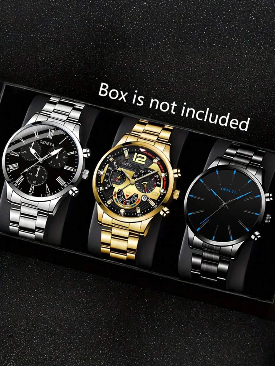 3 件/套男士时尚手表套装：不锈钢表带、圆形表壳、商务石英表、礼品