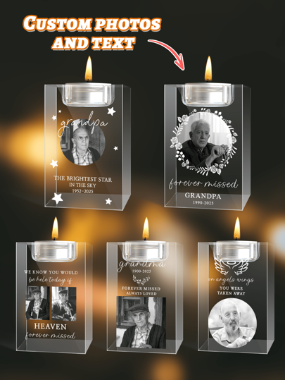 Custom Photo Text Candle Holder, Remembrance Gift, Passed Away Loved One, Picture In Glass, Holiday Decor | 3D Photo Crystal Candle Holder