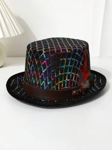 1 pieza Unisex Sombrero de copa plano con plumas decorativas de lentejuelas de tartán de colores, adecuado para actuaciones en el escenario, espectáculos de magia, bares, discotecas, fiestas y reuniones