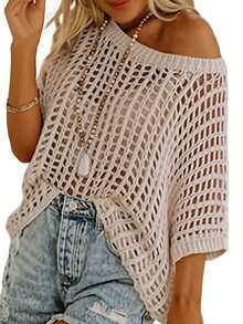 Women's Hollow Out Round Neck Short Sleeve Knit Pullover Sweater, Suitable For Beach Vacation Or Cover-Up In Spring/Summer - Khaki - View 2
