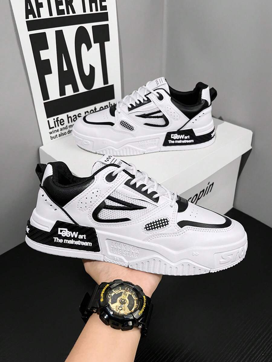 Men Round Toe Lace-Up Thick Sole Sneakers, School Low-Top Fully Matching Casual Shoes, Men Skateboarding Shoes, Fashion Casual Sports Shoes, Comfortable Non-Slip Casual Shoes For Daily Wear, Versatile - Black - View 1