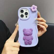 1pc Candy-Colored Wavy Floral & Small Bear Kickstand Phone Case Compatible With Iphone 16, Galaxy S24 Ultra, Infinix Smart 8/Infinix Hot 40i/Tecno Spark 20/Tecno Spark 20C/Tecno Spark Go 2024