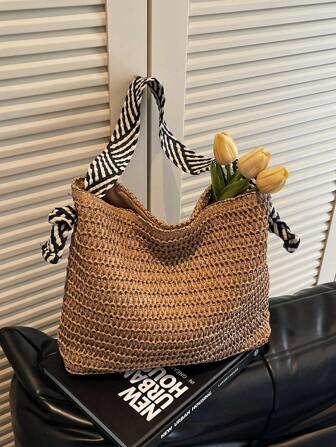 1 件女士新款草编手提包，时尚百搭，大容量手提包，适合海滩、海边、夏季、通勤、编织、包包、度假、复古简约、休闲、不可斜挎
