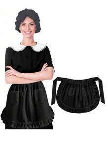 1 件装白色围裙女仆服装腰围裙，可爱复古半围裙，适用于烹饪、厨房、褶皱荷叶边饰边、带 2 个口袋的女仆围裙，角色扮演