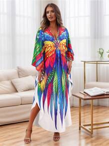 Plus Size Parrot Print Kaftan Dress Women Spring Vacation Beach Outfits - Multicolor - View 3