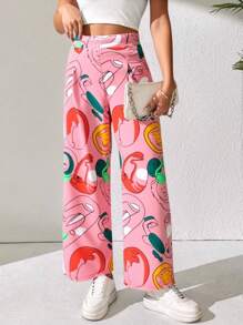 [Showhey]Pantalones Largos Tiro Alto para Mujer con Estampado de Dibujos Animados - Corte Recto y Estilo Casual - Rosa - Ver 1