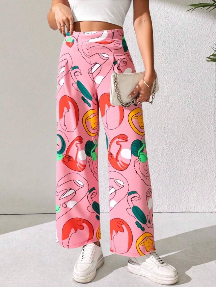 [Showhey]Pantalones Largos Tiro Alto para Mujer con Estampado de Dibujos Animados - Corte Recto y Estilo Casual - Rosa - Ver 1