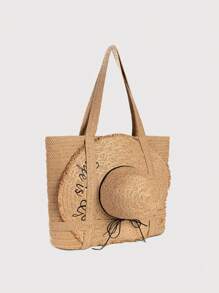 女士大容量草编沙滩手提包，带遮阳帽，适合度假 - 卡其色 - 查看 4