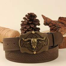 3.7cm Wide Cowboy Style Western Open-Mouth Bull Head Shape PU Leather Belt Buckle, Smooth Buckle With Stamping & Round Hole Design For Men & Women