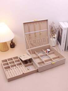 1pc High-End Luxury Chessboard Pattern Leather Texture Dual Layer Jewelry Box, Multi-Functional Jewelry Storage Box For Necklaces, Rings, Earrings, Bracelets, Daily Jewelry Storage