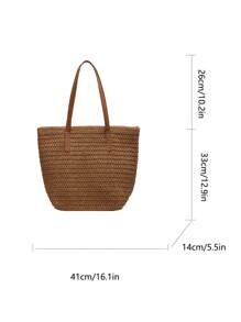 1 pieza Bolso de hombro con cierre de gran capacidad, estilo casual de vacaciones, transpirable, tejido en beige, adecuado para señoras en primavera/verano, para artículos de playa, teléfono de viaje, billetera, lápiz labial, llaves, pañuelos, bolsas de almacenamiento