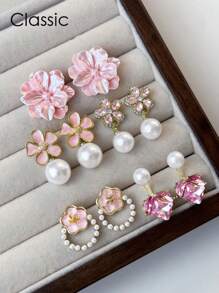 5 Pairs Unique Floral, Heart Shaped, Geometric Faux Pearl Embedded Women Earrings Set, Suitable For Summer Vacation - Multicolor - View 2