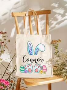 Personalized Easter Bunny Canvas Tote Bag, Custom Name Easter Bag, Bunny Ears Easter Bunny, Kids Easter Bag, Reusable Tote, Easter Basket,Portable,Multifunction,Versatile,Large Capacity,Lightweight,Functional,Practical,All-Purpose,Colorful,Adorable,Funny,Kawaii,Vacay Vibes/Vacation,Minimalist,Unisex,Leisure,Commuting,Custom,Personalized,Unique,Customized,Ideal Gifts For Her,Boyfriend,Girlfriend,Family,Women, Rookies & White-Collar Workers,Friends,For Anniversaries,For Birthdays,For Outdoors/Outings/Travel/Hiking/Stadium/Sports/Climbing,For Business/Commute/Work/Office - White - View 4