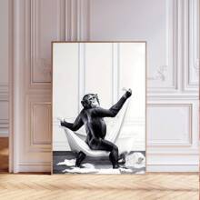 1pc, Canvas Hanging, Framed Decorative Painting, Poster, Wall Art, Monkey Taking Bath Canvas Art Print, Wall Hanging Decoration, Animal Themed Canvas Ink Artwork For Home Office, Bathroom, Living Room - Decorative Art, Modern Vintage Style, Black And White Cartoon Chimpanzee Poster Gifts Birthday Graduation