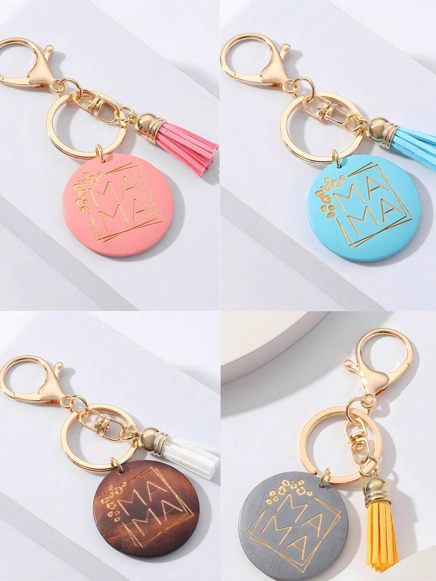 1pc New Mother's Day Gift Keychain Wood Plate Letter Tassel Car Key Holder Chain Ring Pendant, Suitable For Gifting To Mom - Multicolor - View 1