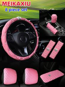 MEIKAXIU 8 件/套 PU 皮革人造羊皮纹理刺绣皇冠闪亮钻石汽车方向盘套、肩垫、扶手套、手刹套、换档旋钮套、头枕垫、汽车内饰配件，适用于女士 - 8pcs - 查看 5