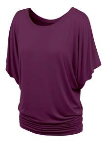 HIGHFINE Women's Boat Neck Short-Sleeved Bat Sleeve On The Band Side Draping - 暗紫色 - 查看 1