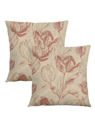 2 件复古粉色花卉图案装饰枕套，隐形拉链，适用于门廊、露台、沙发、长沙发、客厅等，4 件套（不含枕芯）