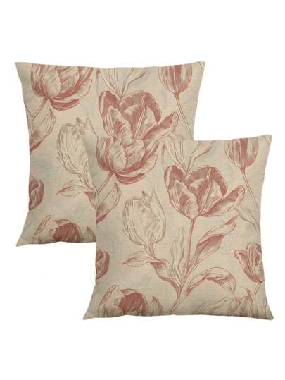 2pcs Vintage Pink Floral Pattern Decorative Pillow Covers, Hidden Zipper, Suitable For Porch, Patio, Sofa, Couch, Living Room And More, 4 Pieces Set (Inserts Not Included)