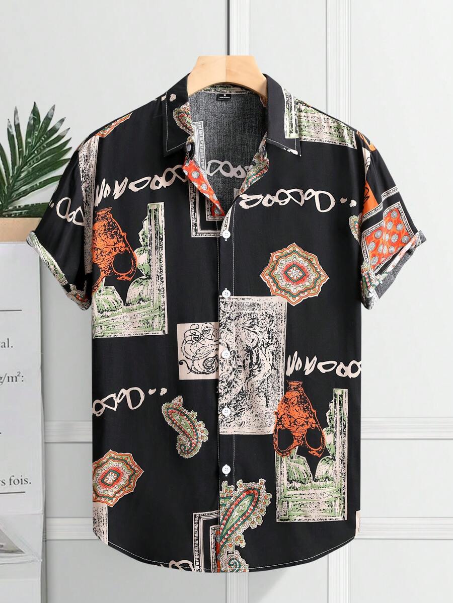 Men's Graphic Print Short Sleeve Shirt, Casual Street Style For Everyday Wear