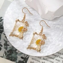 1 Pair Blue Series Preserved Dried Flower Alloy Handmade Resin Flower Drop Earrings
