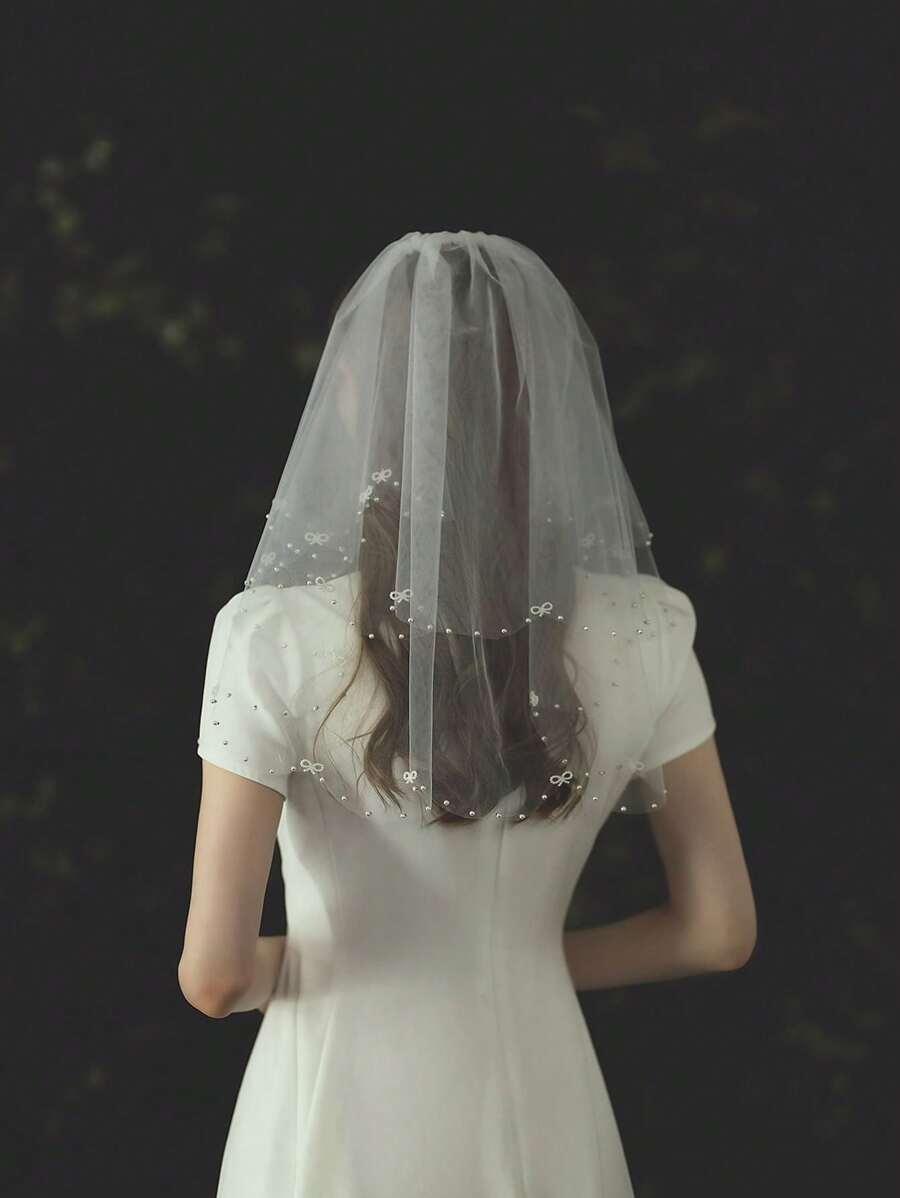 1 件双层珍珠弧形侧蝴蝶结珍珠花发夹，可爱简约风格，适合婚礼拍照、单身派对、新娘面纱