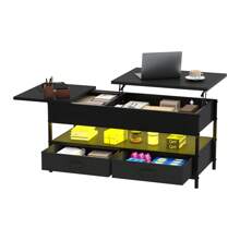 Lift Top Coffee Table, Wood Lifting Table Tea With Storage Shelf, Coffee Tables For Living Room With 2 Drawers And 16 Colors LED Light Strip,106 * 50 * 51.5cm - Black - View 7