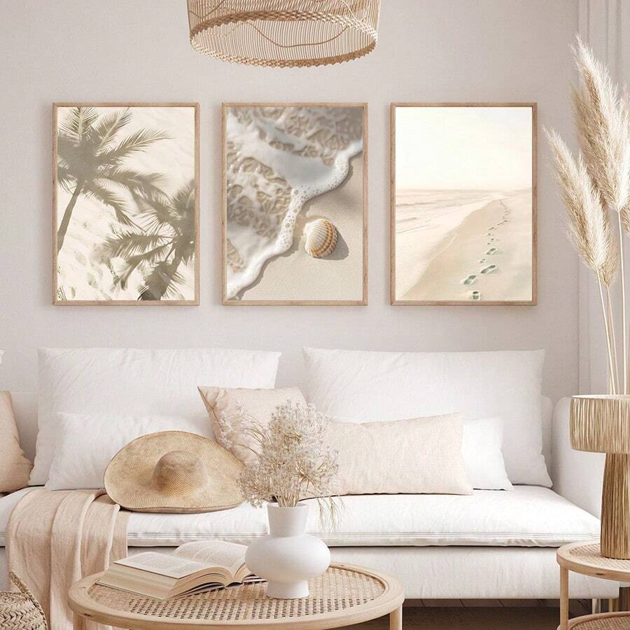 1/3 件波西米亚夏季墙壁艺术画热带棕榈树帆布印刷画海滩度假海报简约海岸装饰适用于卧室、客厅或宿舍房间装饰礼物（无框） - 彩色 - 查看 1