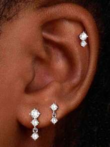 4 piezas Pendientes de cartílago para mujer de plata y oro, pendientes planos para tragus, helix, joyería para perforaciones, hipoalergénicos, pendientes apilables, pendientes de botón de oro para mujeres, pendientes para mujeres, pendientes de espalda plana, pendientes para el segundo orificio para mujeres