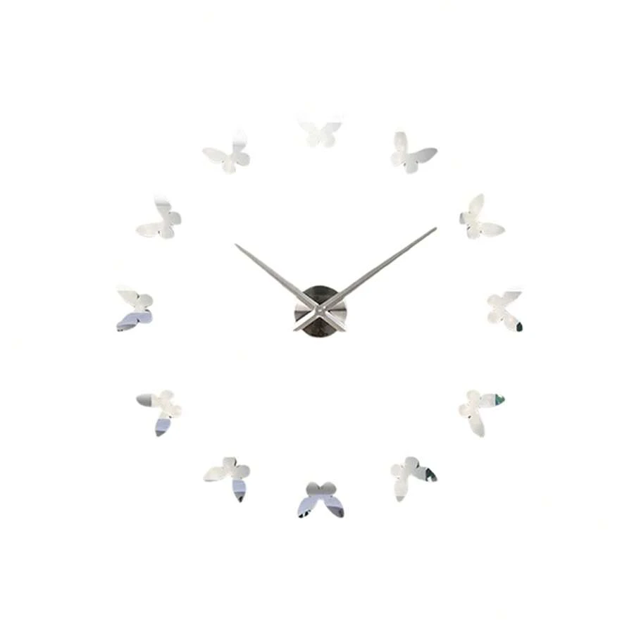 Clock Decoration Butterflies Silouette Frameless Wall Clock DIY 3D Acrylic Large Wall Clock Mirror Effect With Back Rubber For Wall Watch Home Decor - Silver - View 1