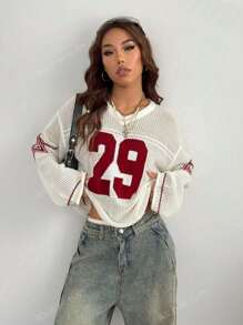 Plus Size Women's Numeric Hollow-Out Drop Shoulder Long Sleeve Sweater
