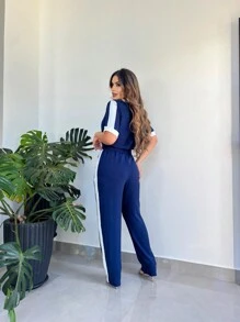 Women's Set: Palazzo Pants And Short-Sleeved Top Summer - Navy Blue - View 4