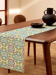 1 pieza Camino de mesa de lino con estampado floral geométrico bohemio pintado a mano, adecuado para días festivos, fiestas, cumpleaños, cenas, decoración de mesa de comedor, cocina, gabinete, decoración de habitación para todas las estaciones