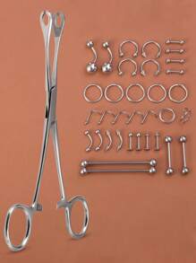 1pc Body Piercing Kit Forcep Clamp Tool And 34pcs Nose Lip Eyebrow Tongue Piercing Jewelry Set - Steel - View 9