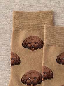 Cartoon Dog Shiba Inu Pattern Socks, Comfy & Breathable Women Mid Tube Socks - Coffee Brown - View 3